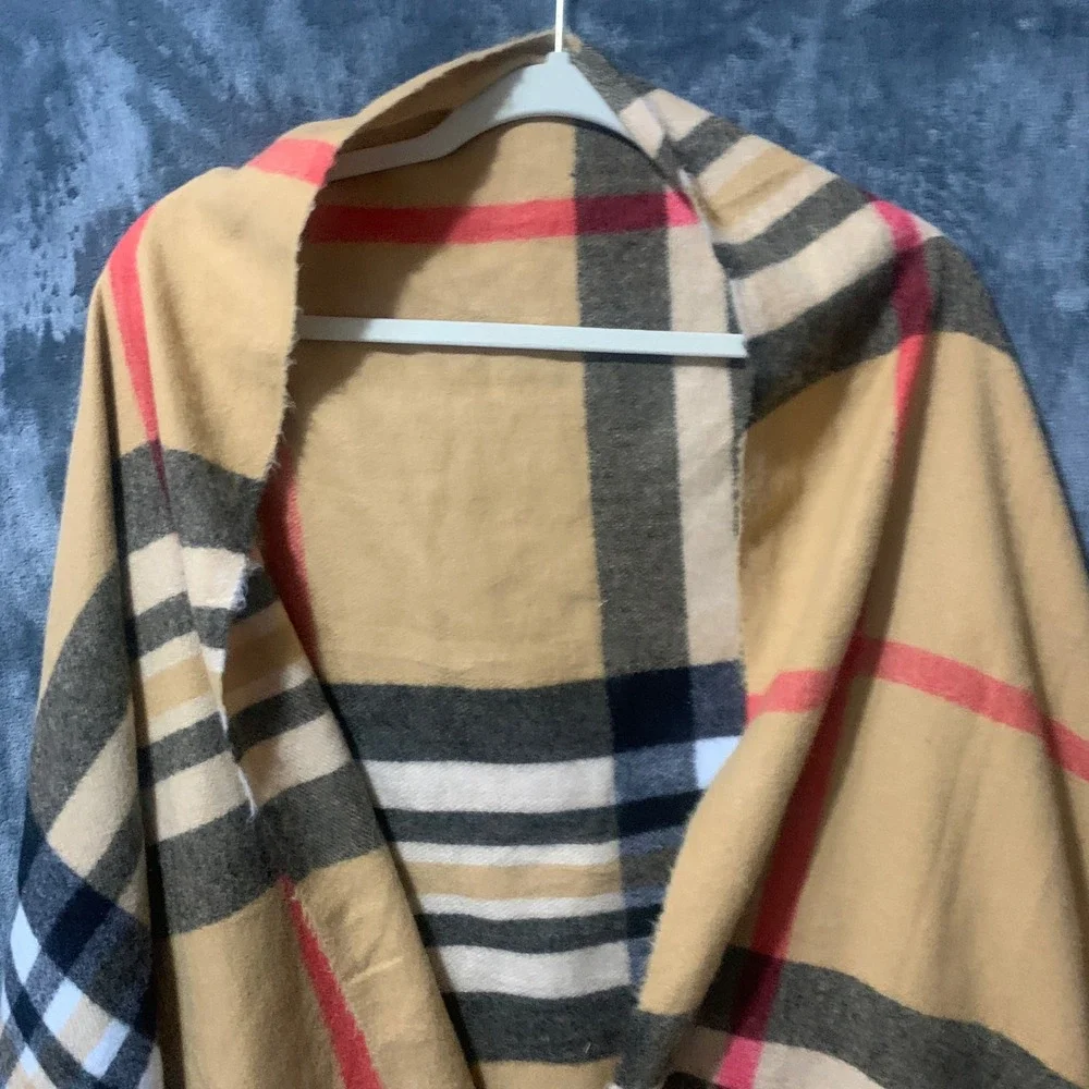 Scarf Womens OS Plaid Tan Black Red White Fringe Wrap Soft Cottage Quiet Luxury